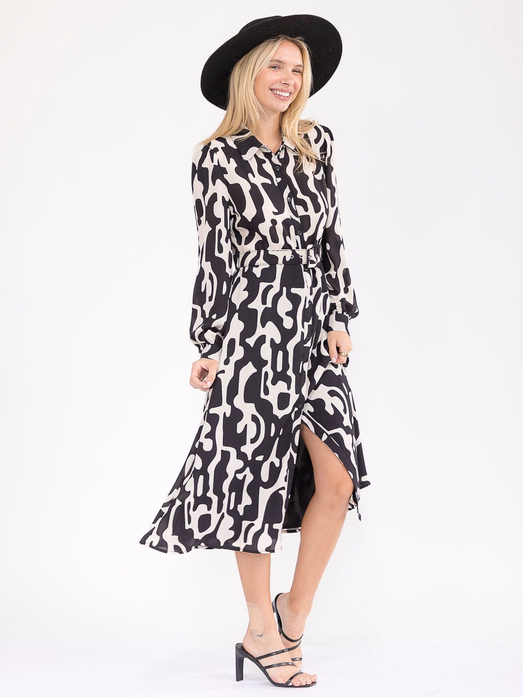 WOMEN'S LONG SLEEVE BUTTON UP BELTED PRINT MIDI DRESS
