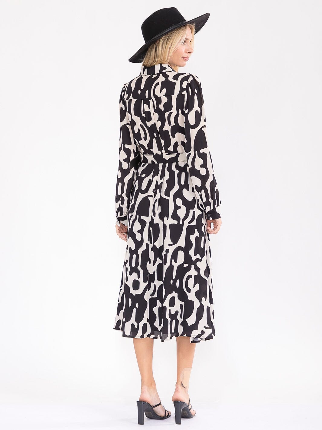 WOMEN'S LONG SLEEVE BUTTON UP BELTED PRINT MIDI DRESS