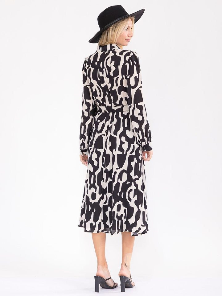 WOMEN'S LONG SLEEVE BUTTON UP BELTED PRINT MIDI DRESS