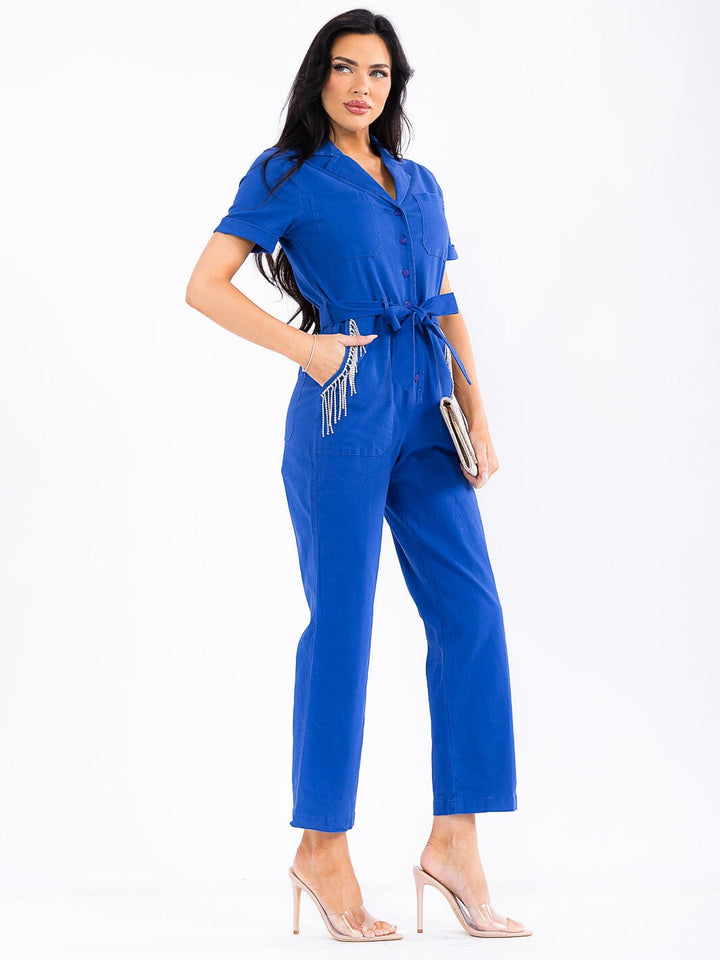 WOMEN'S SHORT SLEEVE BUTTON UP POCKETS SELF TIE FRINGE STUDS WIDE LEG DENIM JUMPSUIT