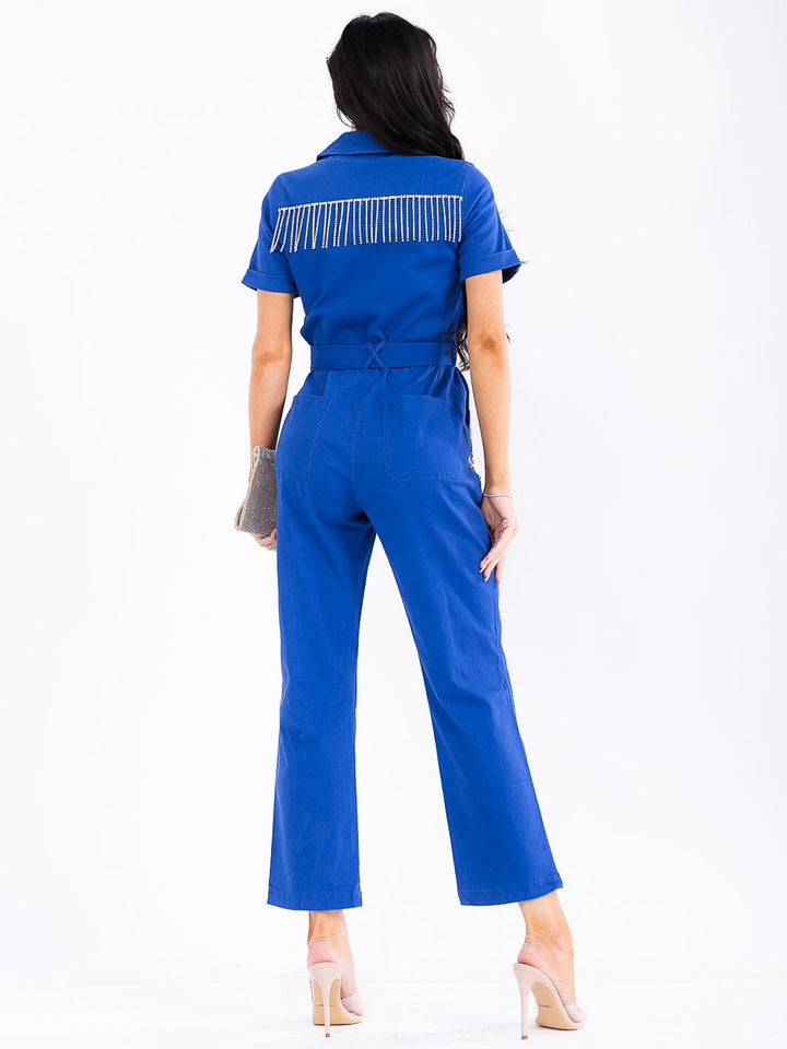 WOMEN'S SHORT SLEEVE BUTTON UP POCKETS SELF TIE FRINGE STUDS WIDE LEG DENIM JUMPSUIT