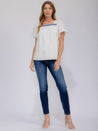 WOMEN'S SHORT RUFFLE SLEEVE SQUARE NECK TRIM DETAILED TUNIC BLOUSE