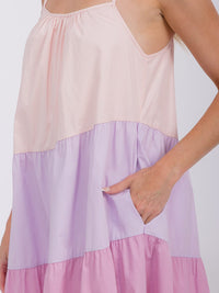 WOMEN'S SLEEVELESS TIERED FRONT POCKETS COLORBLOCK TUNIC MINI DRESS