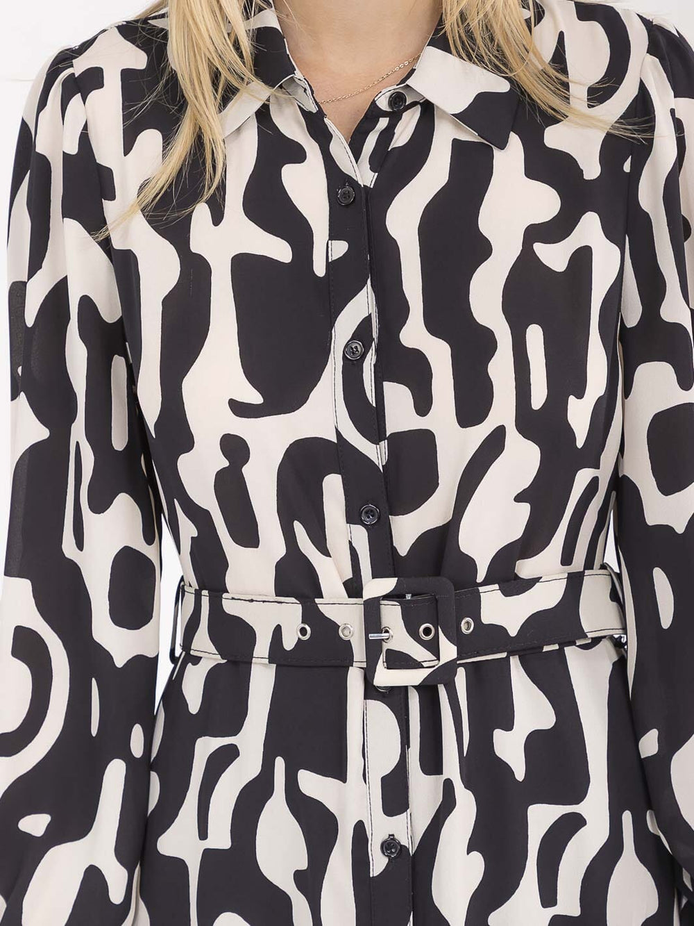 WOMEN'S LONG SLEEVE BUTTON UP BELTED PRINT MIDI DRESS