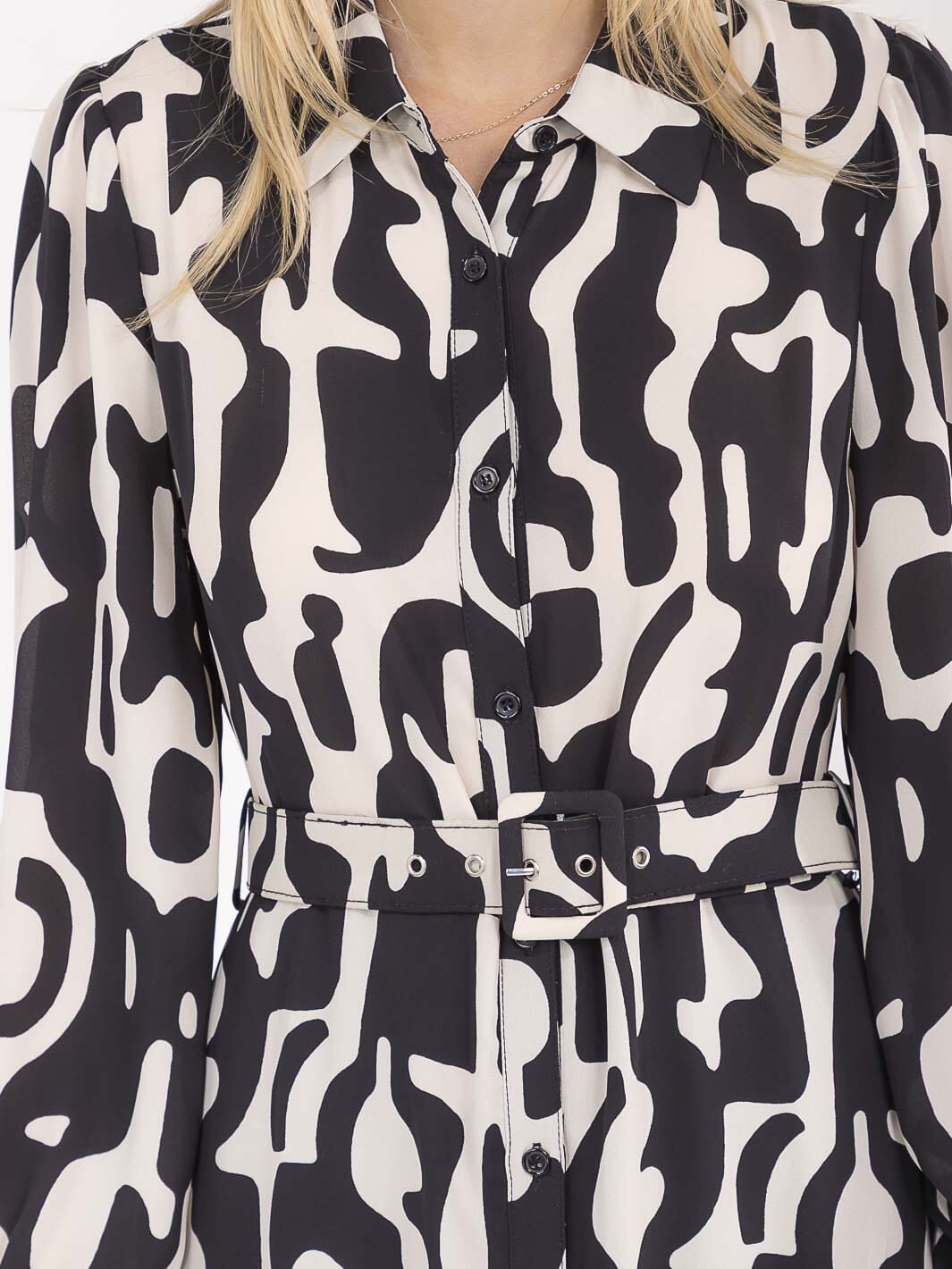 WOMEN'S LONG SLEEVE BUTTON UP BELTED PRINT MIDI DRESS