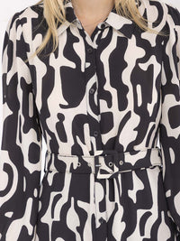 WOMEN'S LONG SLEEVE BUTTON UP BELTED PRINT MIDI DRESS