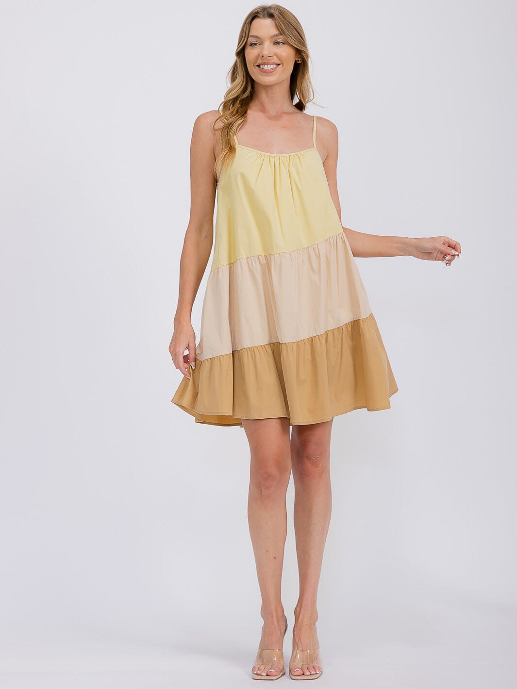 WOMEN'S SLEEVELESS TIERED FRONT POCKETS COLORBLOCK TUNIC MINI DRESS