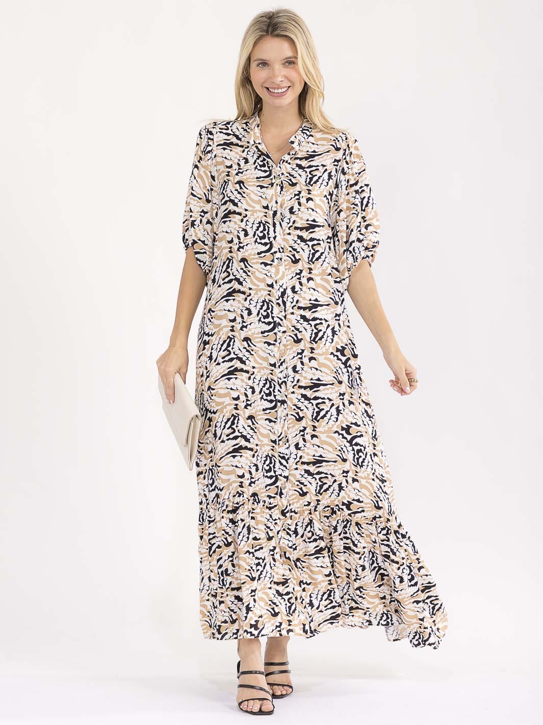 WOMEN'S SHORT SLEEVE BUTTON UP MULTI PRINT MAXI DRESS