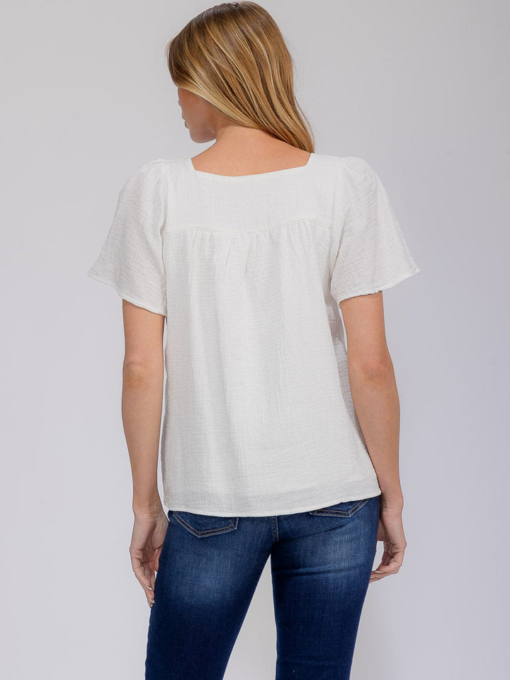 WOMEN'S SHORT RUFFLE SLEEVE SQUARE NECK TRIM DETAILED TUNIC BLOUSE