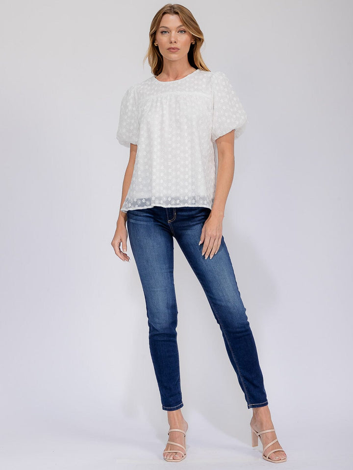 WOMEN'S SHORT PUFF SLEEVE EMBROIDERY FLORAL BLOUSE