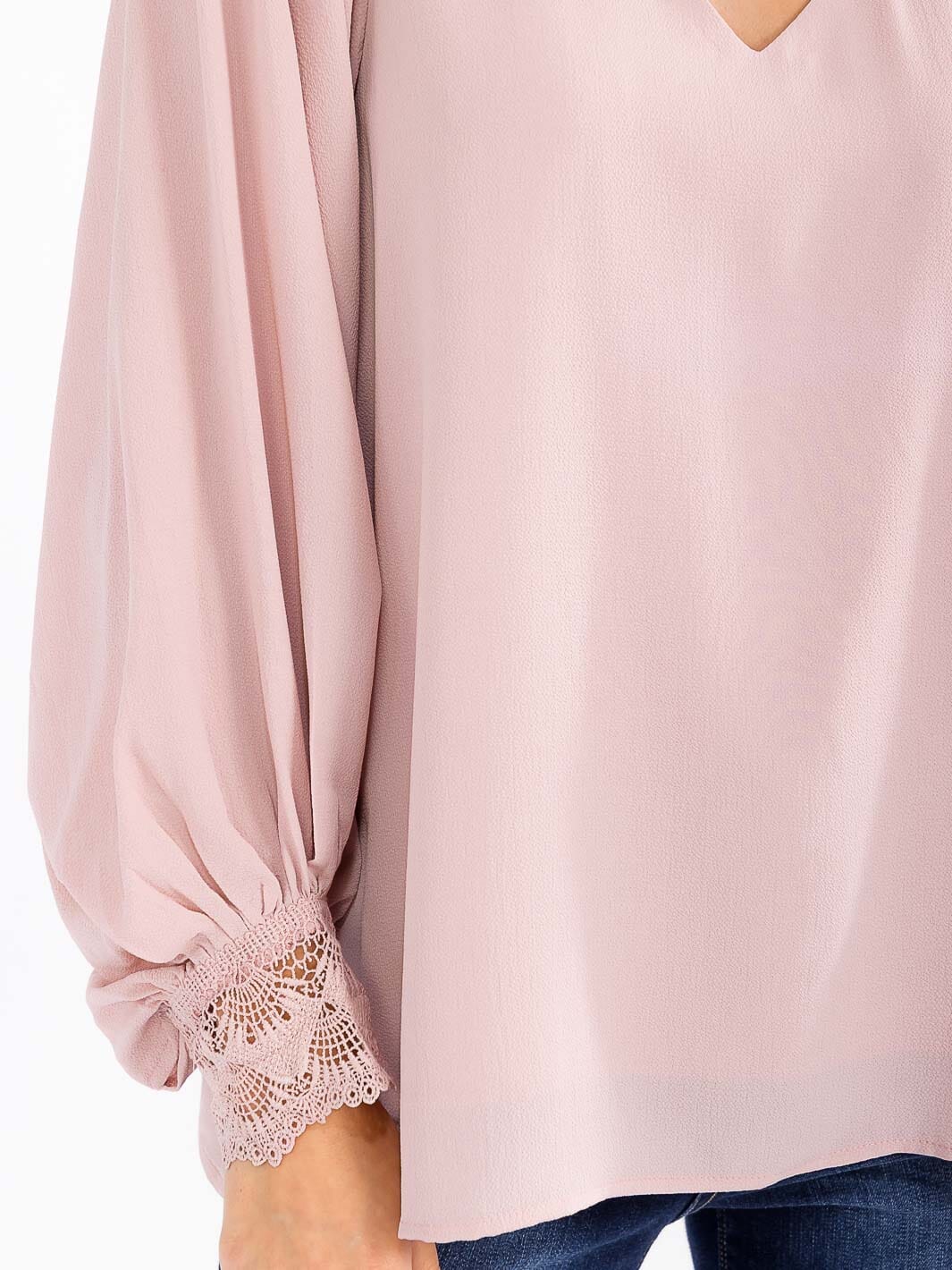 WOMEN'S LONG SLEEVE V-NECK CROCHET DETAILED LOOSE FIT BLOUSE