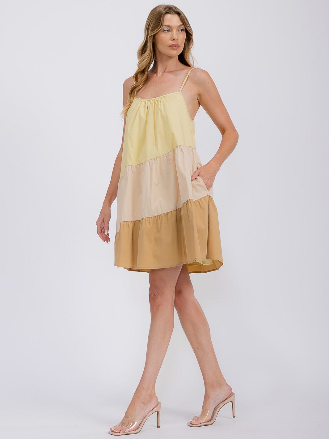 WOMEN'S SLEEVELESS TIERED FRONT POCKETS COLORBLOCK TUNIC MINI DRESS