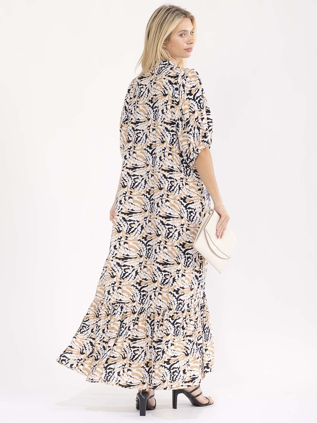 WOMEN'S SHORT SLEEVE BUTTON UP MULTI PRINT MAXI DRESS