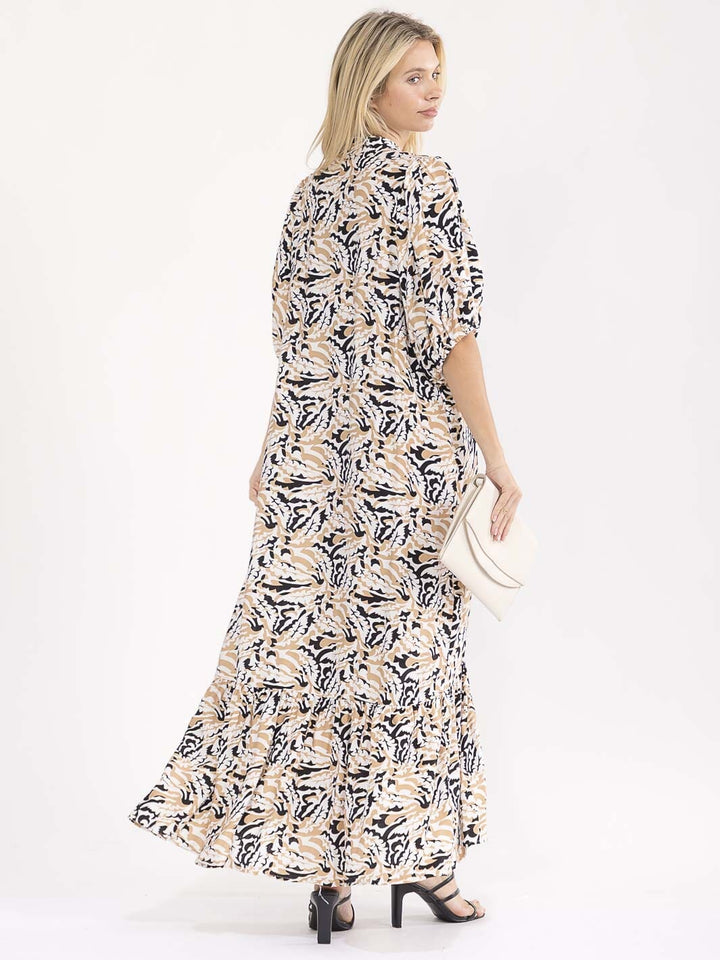 WOMEN'S SHORT SLEEVE BUTTON UP MULTI PRINT MAXI DRESS