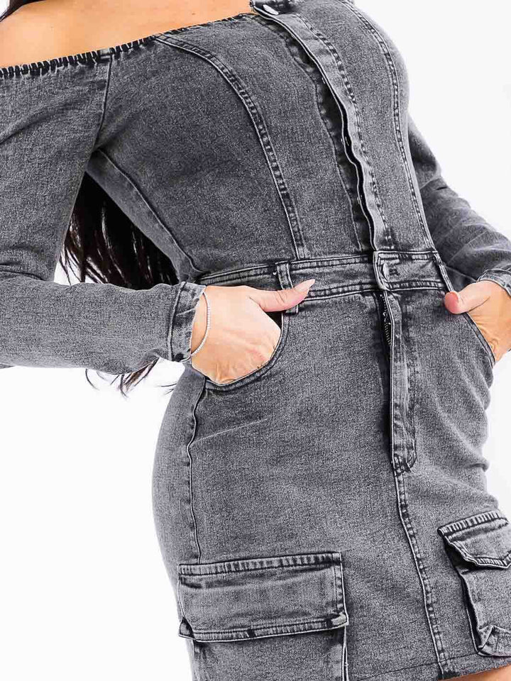 WOMEN'S LONG SLEEVE OFF SHOULDER POCKETS BODYCON WASHED DENIM MINI DRESS