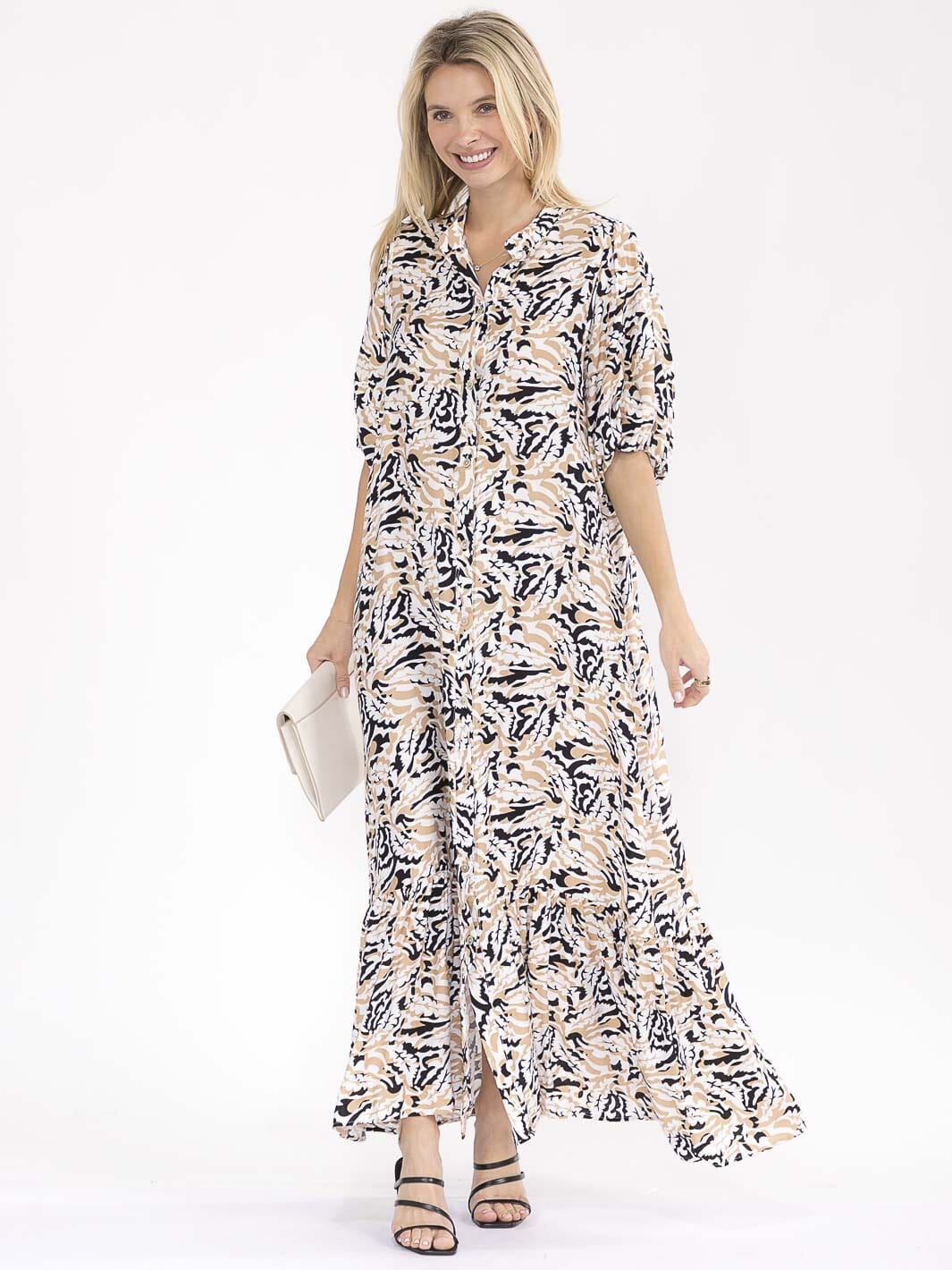 WOMEN'S SHORT SLEEVE BUTTON UP MULTI PRINT MAXI DRESS