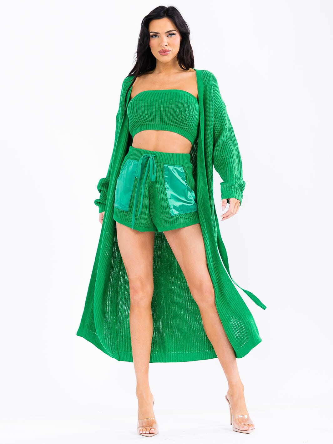 WOMEN'S LONG SLEEVE CARDIGAN WITH BANDEAU AND ELASTIC WAIST SHORTS KNIT 3PC. SET