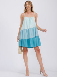 WOMEN'S SLEEVELESS TIERED FRONT POCKETS COLORBLOCK TUNIC MINI DRESS