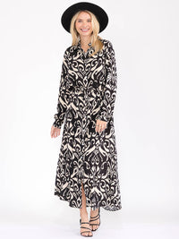 WOMEN'S LONG SLEEVE BUTTON UP SELF TIE MULTI PRINT MAXI DRESS