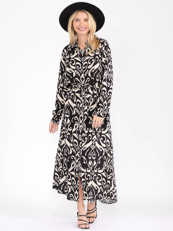 WOMEN'S LONG SLEEVE BUTTON UP SELF TIE MULTI PRINT MAXI DRESS