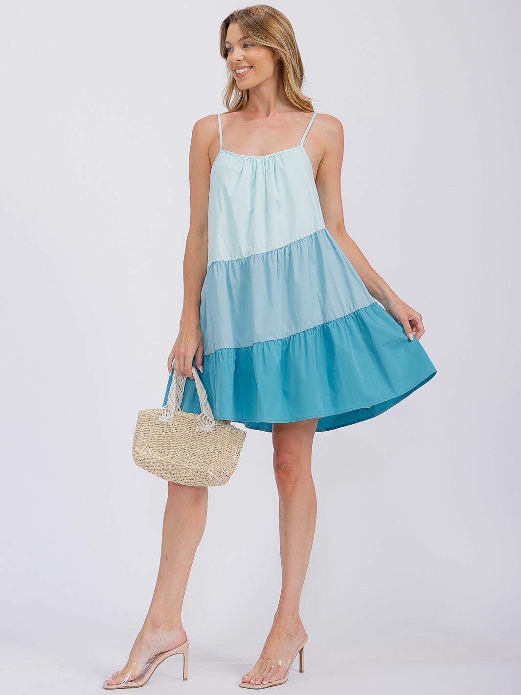 WOMEN'S SLEEVELESS TIERED FRONT POCKETS COLORBLOCK TUNIC MINI DRESS