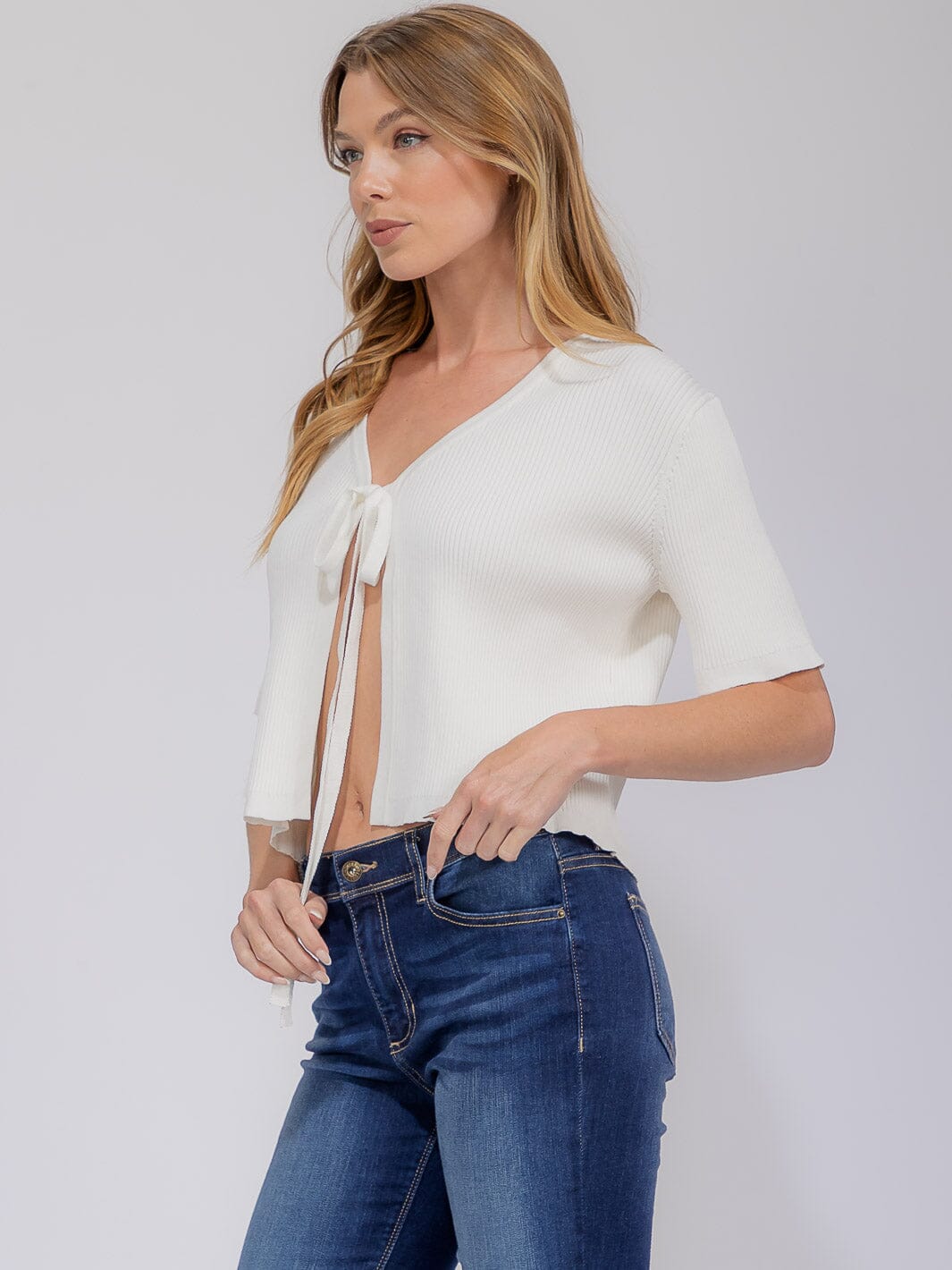 WOMEN'S SHORT SLEEVE OPEN FRONT SELF TIE RIBBED TOP