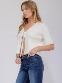 WOMEN'S SHORT SLEEVE OPEN FRONT SELF TIE RIBBED TOP