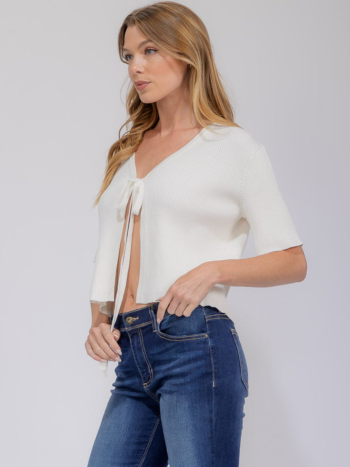 WOMEN'S SHORT SLEEVE OPEN FRONT SELF TIE RIBBED TOP