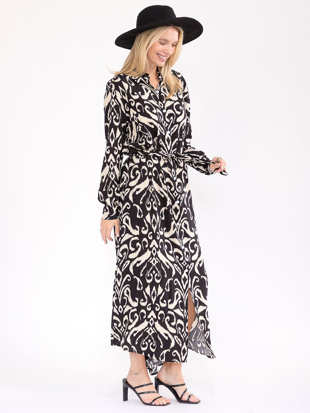 WOMEN'S LONG SLEEVE BUTTON UP SELF TIE MULTI PRINT MAXI DRESS