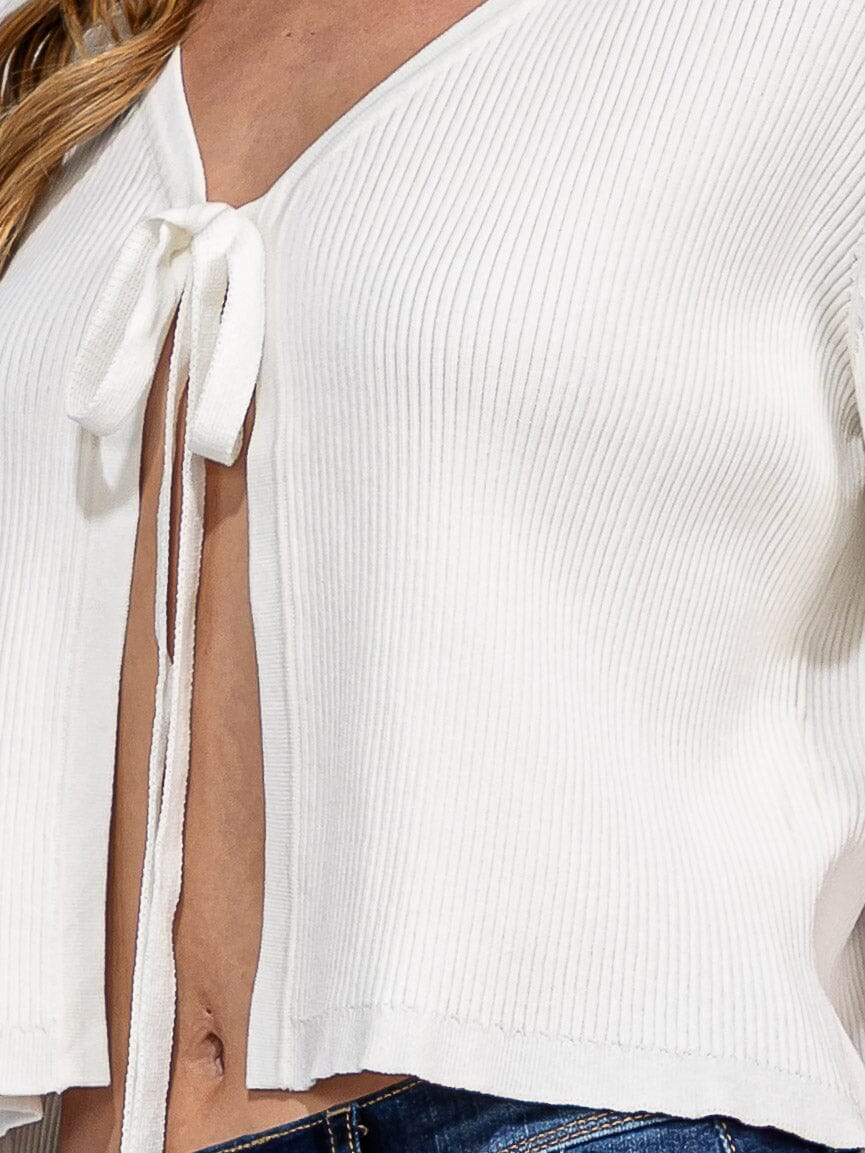 WOMEN'S SHORT SLEEVE OPEN FRONT SELF TIE RIBBED TOP