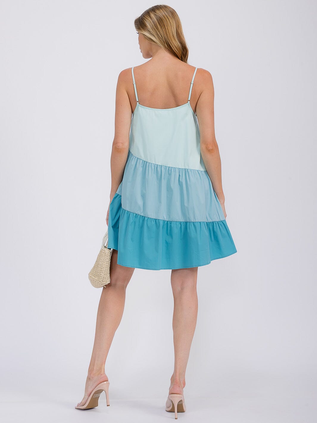 WOMEN'S SLEEVELESS TIERED FRONT POCKETS COLORBLOCK TUNIC MINI DRESS