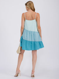 WOMEN'S SLEEVELESS TIERED FRONT POCKETS COLORBLOCK TUNIC MINI DRESS
