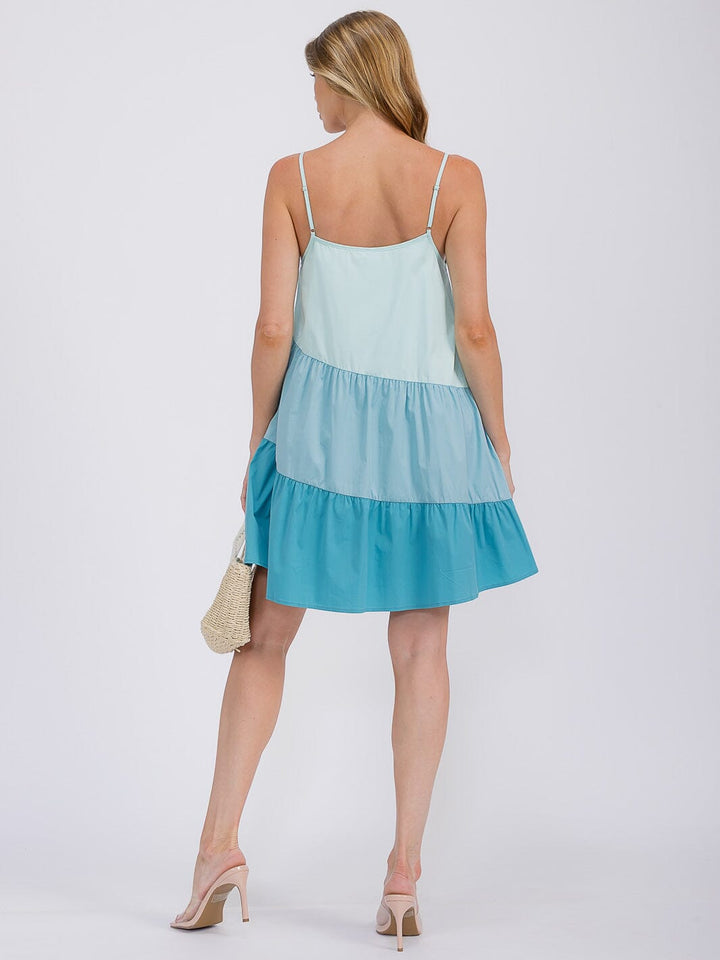 WOMEN'S SLEEVELESS TIERED FRONT POCKETS COLORBLOCK TUNIC MINI DRESS