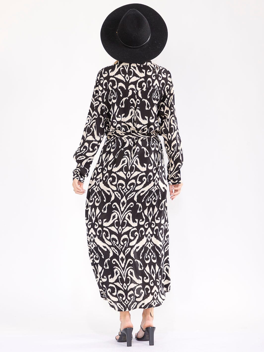 WOMEN'S LONG SLEEVE BUTTON UP SELF TIE MULTI PRINT MAXI DRESS