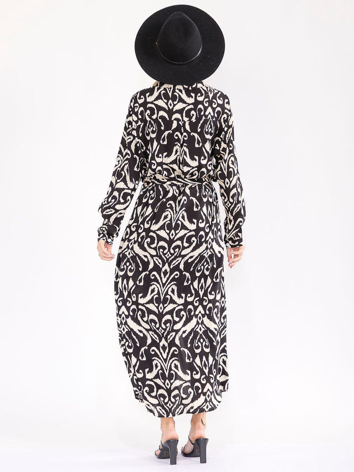 WOMEN'S LONG SLEEVE BUTTON UP SELF TIE MULTI PRINT MAXI DRESS