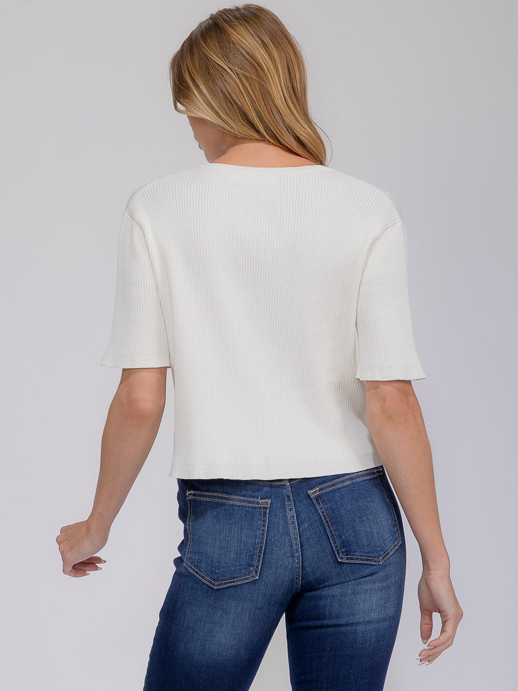 WOMEN'S SHORT SLEEVE OPEN FRONT SELF TIE RIBBED TOP