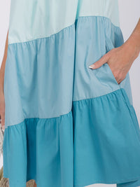 WOMEN'S SLEEVELESS TIERED FRONT POCKETS COLORBLOCK TUNIC MINI DRESS