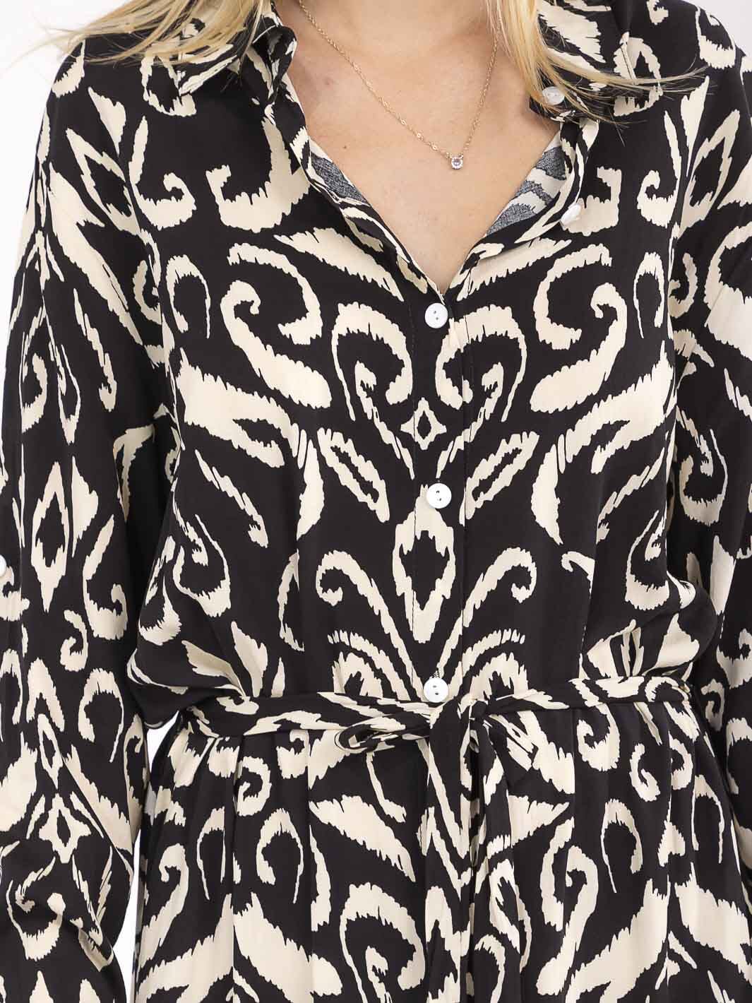 WOMEN'S LONG SLEEVE BUTTON UP SELF TIE MULTI PRINT MAXI DRESS