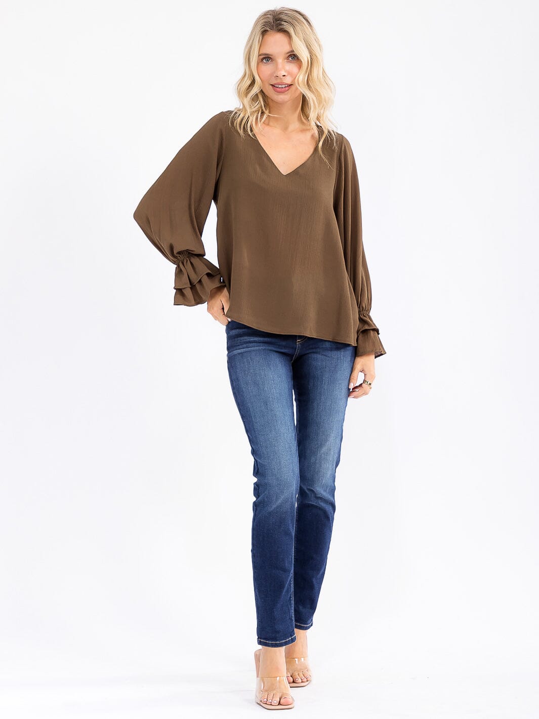 WOMEN'S LONG RUFFLE SLEEVE V-NECK BLOUSE