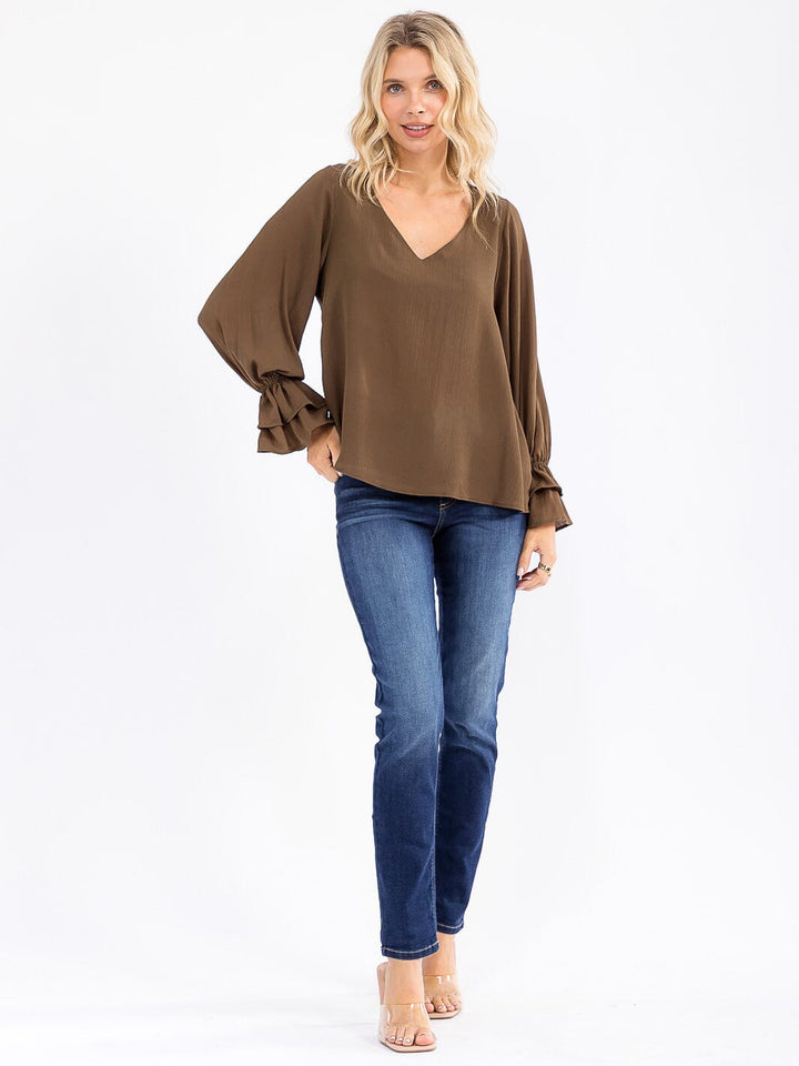 WOMEN'S LONG RUFFLE SLEEVE V-NECK BLOUSE
