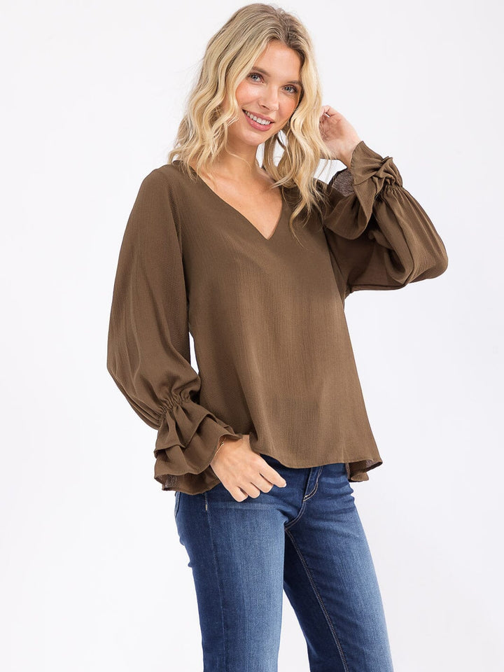 WOMEN'S LONG RUFFLE SLEEVE V-NECK BLOUSE