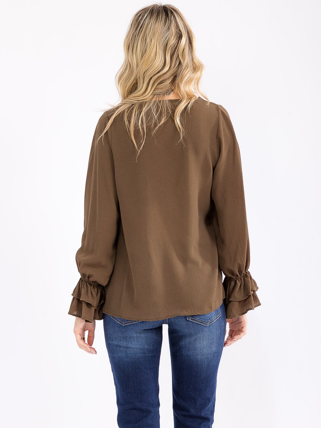 WOMEN'S LONG RUFFLE SLEEVE V-NECK BLOUSE