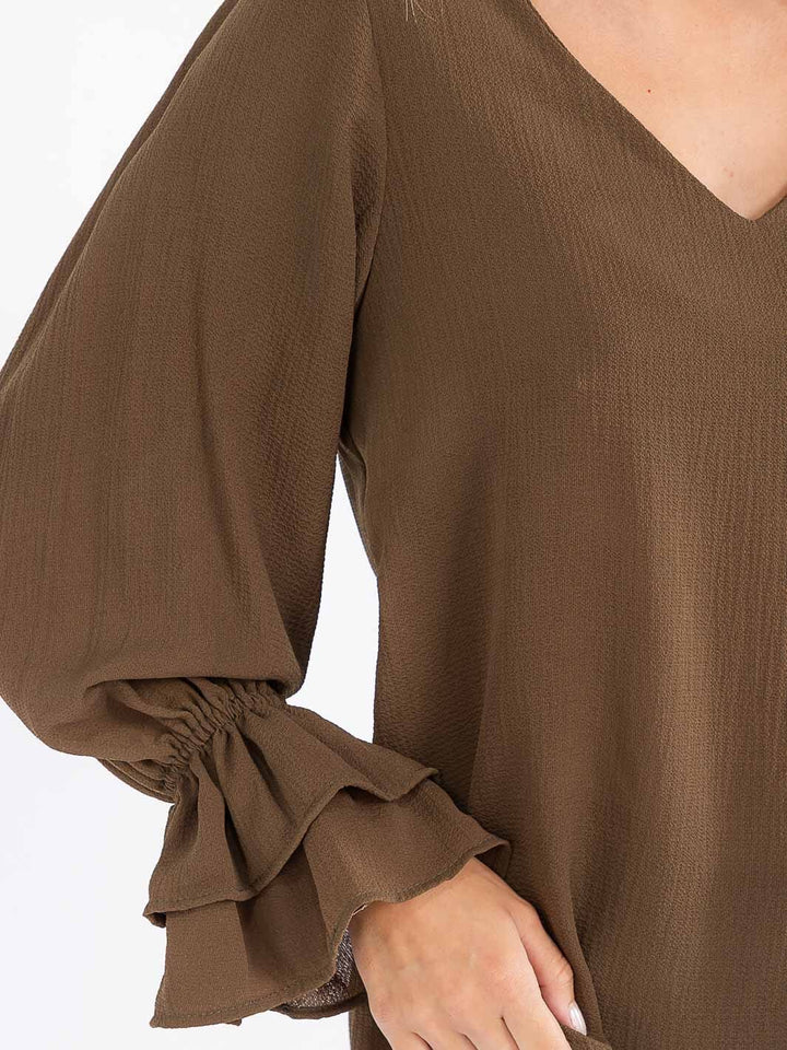 WOMEN'S LONG RUFFLE SLEEVE V-NECK BLOUSE