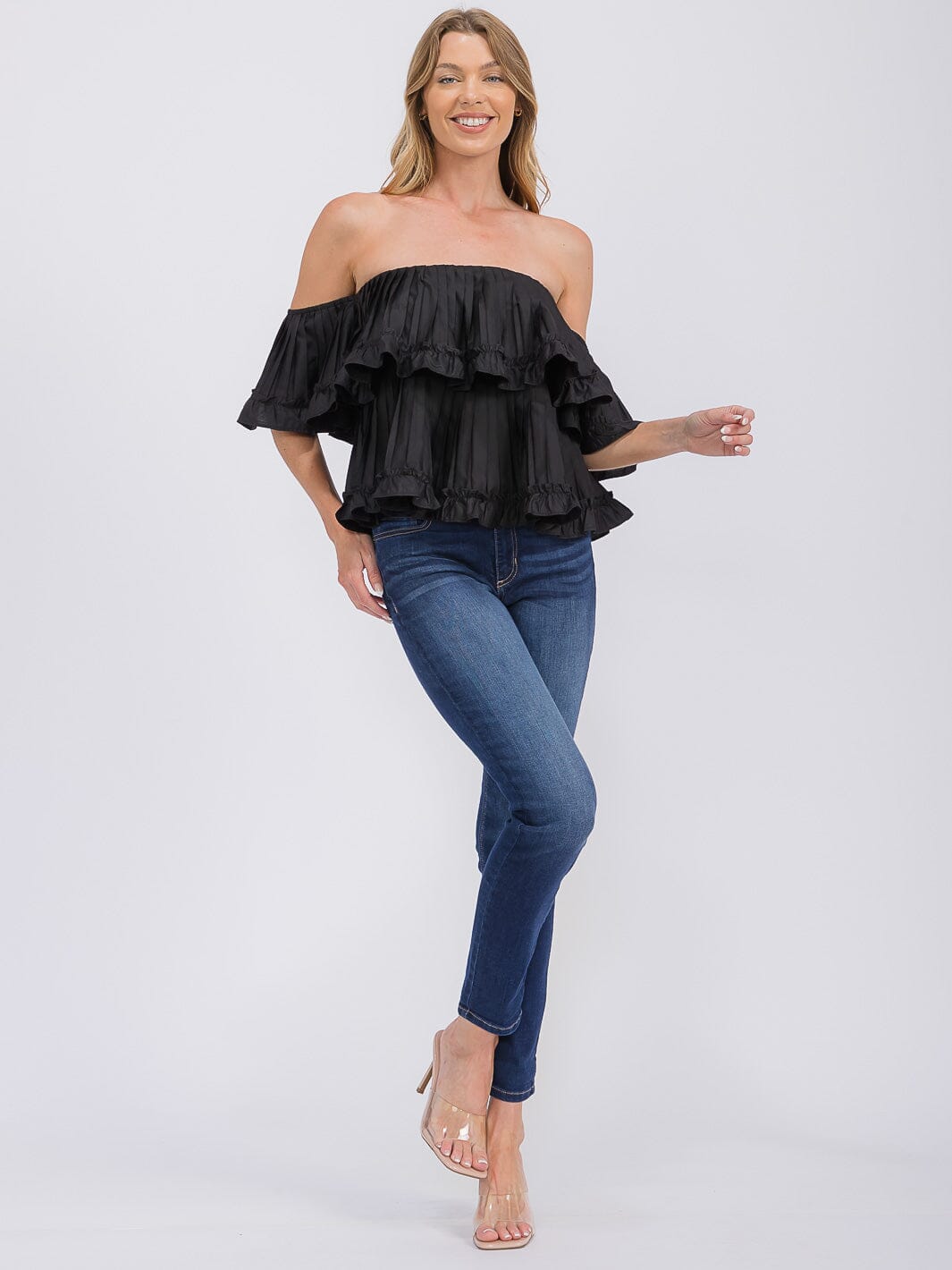 WOMEN'S OFF SHOULDER RUFFLE TIERED BLOUSE