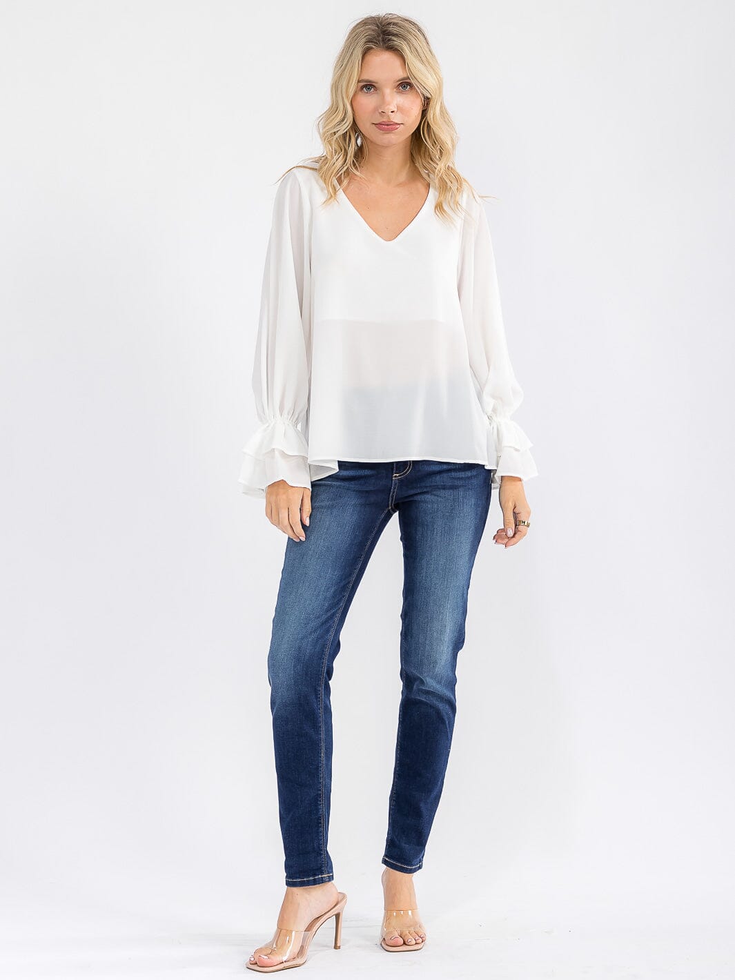 WOMEN'S LONG RUFFLE SLEEVE V-NECK BLOUSE