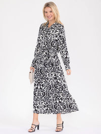 WOMEN'S LONG SLEEVE BUTTON UP SELF TIE MULTI PRINT MAXI DRESS