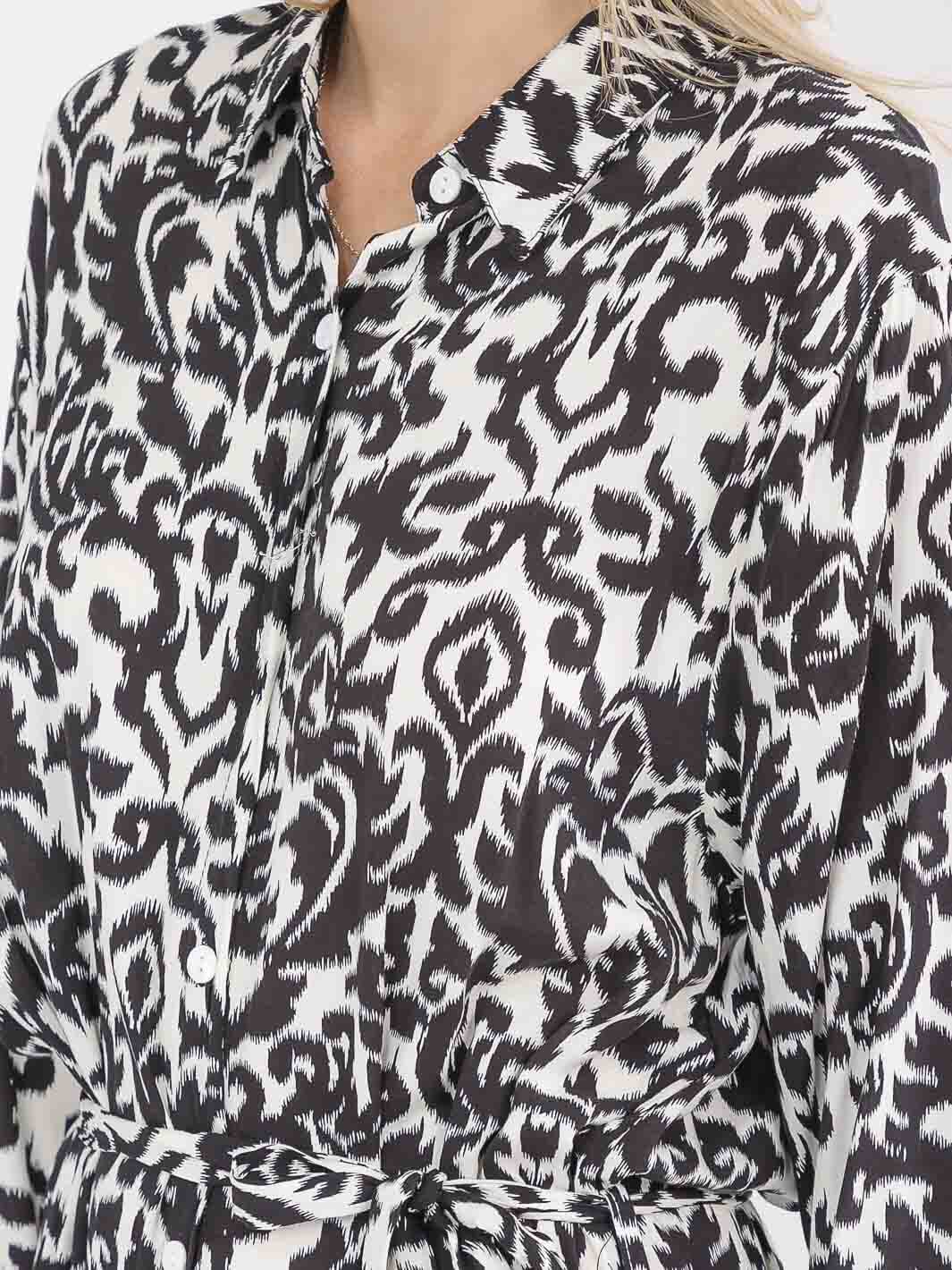 WOMEN'S LONG SLEEVE BUTTON UP SELF TIE MULTI PRINT MAXI DRESS