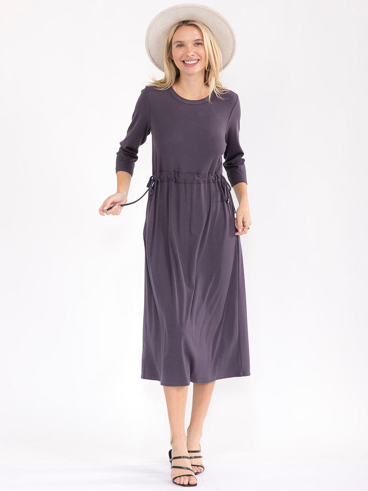WOMEN'S 3/4 SLEEVE FRONT POCKETS ADJUSTABLE WAIST RIBBED MAXI DRESS
