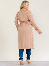 PLUS SIZE LONG SLEEVE OPEN FRONT POCKETS ELASTIC WAIST CARDIGAN