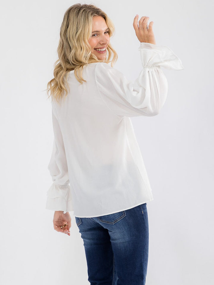 WOMEN'S LONG RUFFLE SLEEVE V-NECK BLOUSE